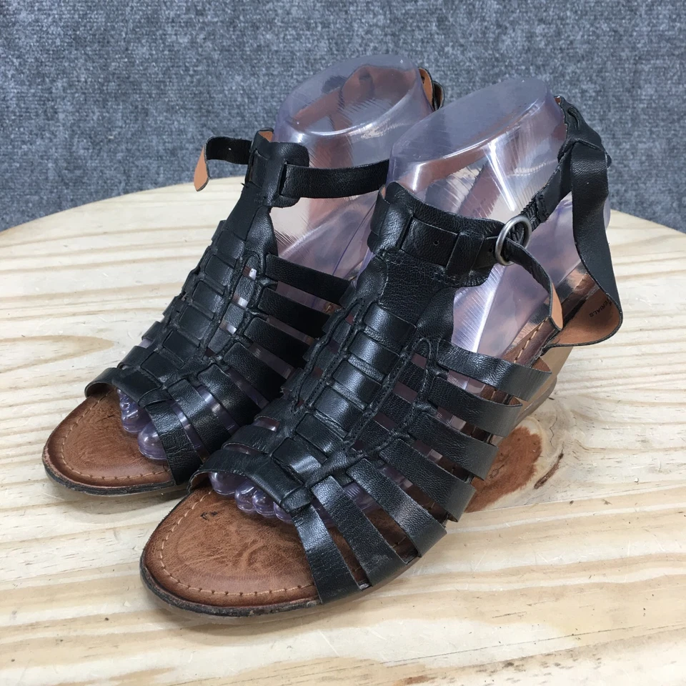 Sandalias Bare Traps para mujer 9,5 M Ivania con tiras de cuero negro cuña ajustable Foto 3 de 4