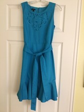 Talbots Cerulean Blue Cotton Fit N Flare Dress, With Embroidery, Size 8P