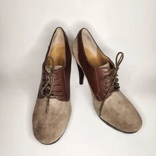 Nine West Candyce Oxford Saddle Shoe Heels Womens 7.5 Brown Suede Round Toe Lace