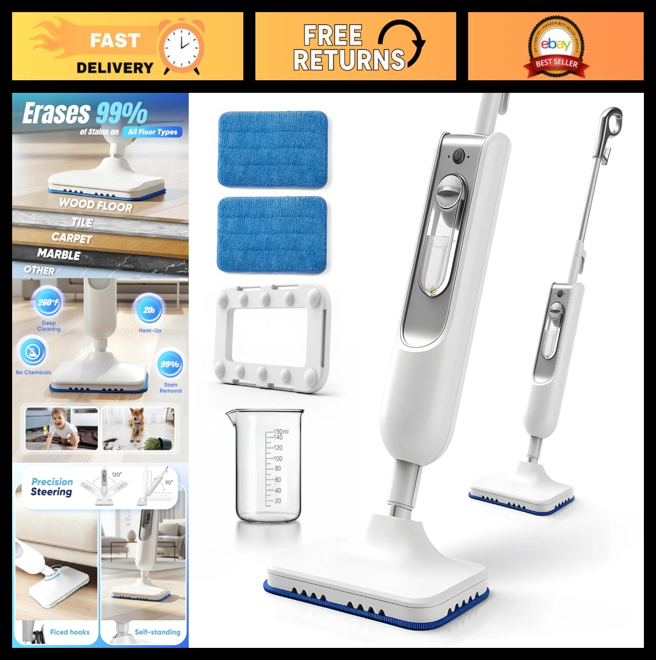 Multi-Surface Steam Mop Cleaner, Handheld Steamer for Floors, Tile, Grout, Carpe