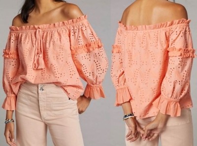 Anthropologie Seen Worn Kept Jane Eyelet Ruffle Off-The-Shoulder Peach Blouse 8