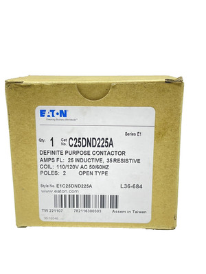 NEW Eaton C25DND225A Definite Purpose Contactor 110/120V Coil 25A 1P