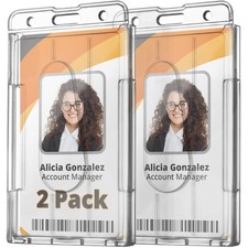 2 Heavy Duty Vertical ID Badge Holders - Rigid Hard Clear Plastic- HOLDS 1 CARD
