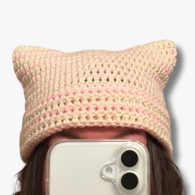 Baby Pink & Cream Cat Ear Beanie, Handmade Crochet, Adult Size, Trendy Hat