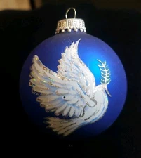 3 Vintage Blown Glass Christmas Ball Ornaments Blue w/White Dove & Gold Trim