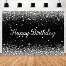MEHOFOND 7x5ft Black and Silver Happy Birthday Backdrop Shinning Silver Glitter