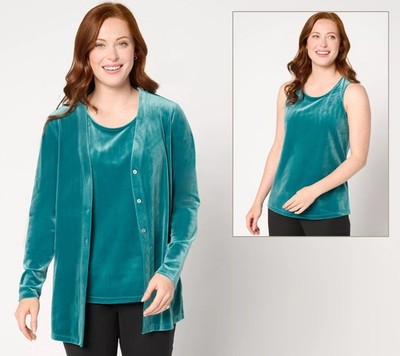 Denim & Co. Archives Velvet Cardigan & Layer Tank Set of Two Dk Spruce Green 1X