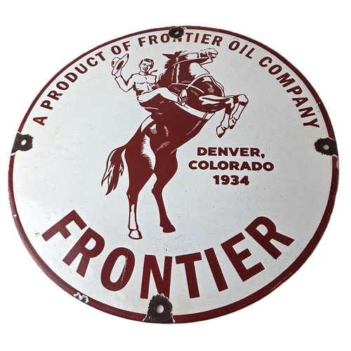 Vintage Frontier Gasoline Sign - Cowboy Gas Oil Service Station Porcelain Sign