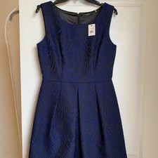 Tahari Blue Black Textured Sleeveless Fit & Flare Dress NWT Sz 10 Pleated