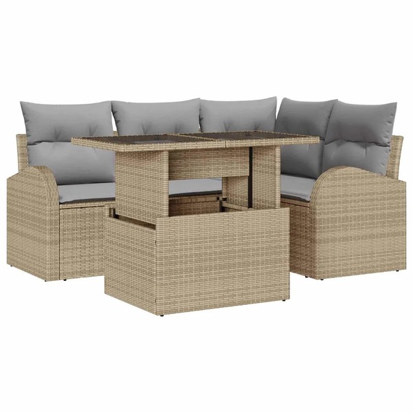 Gartensofa Set 5-Teilig Poly Rattan Beige Mit Speicherkissen-image