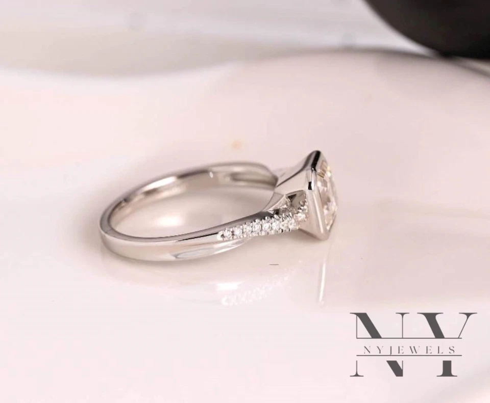 2 CT Asscher Cut VVS1 Moissanite Bezel Set Engagement Ring Solid 14K White Gold - Image 2 of 4