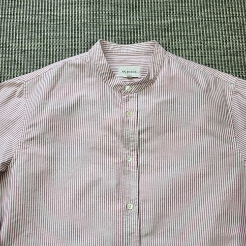 Octobre Editions Shirt Mens Large Pink White Striped Grandad Collar Seazane - Picture 3 of 8