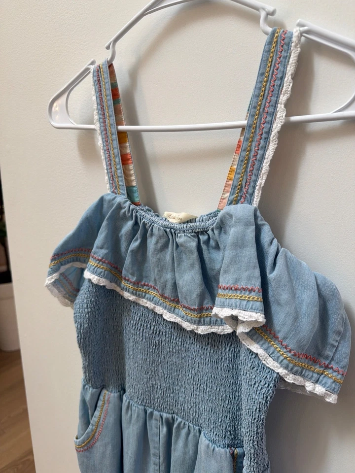 Matilda Jane Picnic in the Park Romper Girls 16 Chambray Blue Ruffled W Pockets - Image 2 of 4