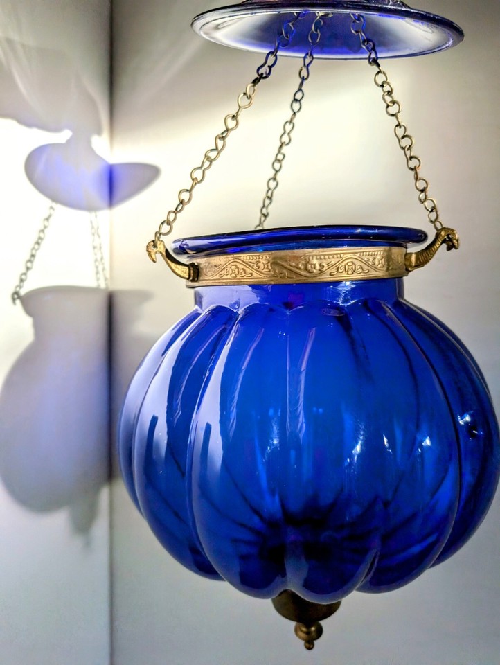 Blue Glass AngloIndian Bell Jar Vintage Bohemian Lantern Antique