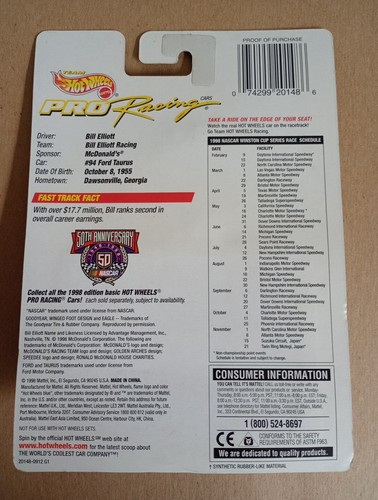 1998 NASCAR #94 Bill Elliott McDonald's 1/64 Ford Taurus Diecast Car Replica  - Afbeelding 4 van 4