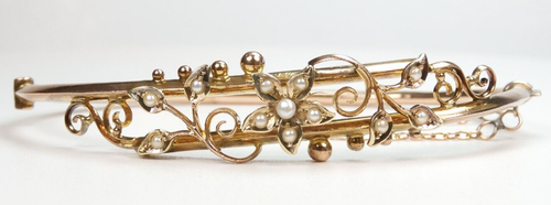 Antique Art Deco Pearl Bangle Bracelet 9K Rose Gold Fits 7.75 " Wrist Circa 1920 - Picture 1 of 15