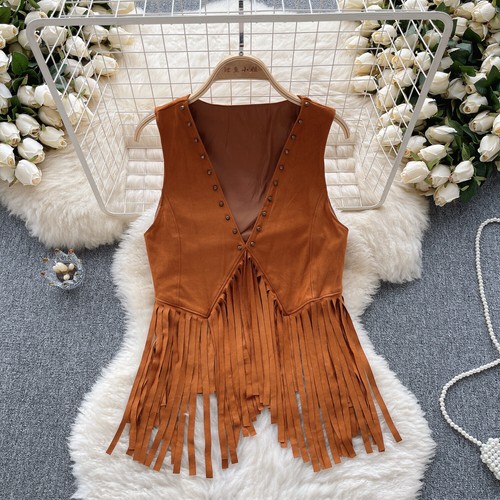 Ethnic Style Retro Sleeveless Vest Women Fringed V-neck Chic Top Gilet Waistcoat - 第 23/26 張圖片