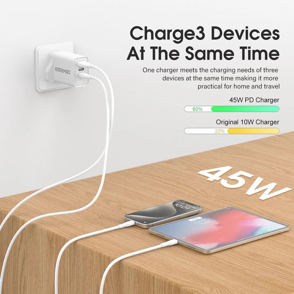 45W GaN Super-fast Wall Charger with Triple Ports Output - Dual USB-C and USB-A - Image 2 of 4