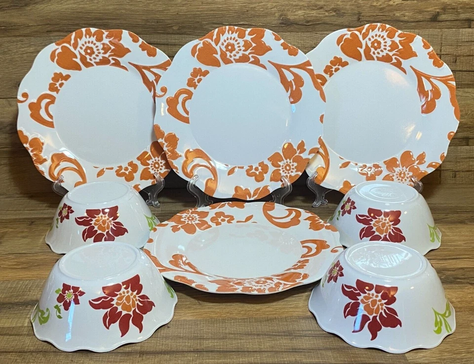 8 PC - BETTER HOMES & GARDENS MELAMINE PLATES & BOWLS FLORAL CITRUS BLOSSOM - Image 2 of 3
