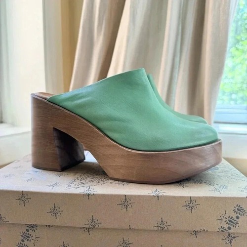 New Free People Suki Platform Clogs Wood Leather Heeled in Coral Green Sz 7.5