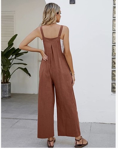 Aedrooner L Brown Cotton Bib Jumpsuit Bibs Pants Baggy Romper Playsuit Overalls - Picture 4 of 8