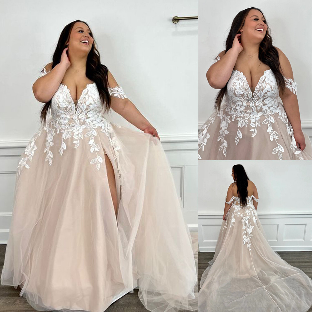 Off The Shoulder Tulle Appliques Champagne Wedding Dress With Slit Off The Shoulder Tulle Appliques Champagne Wedding Dress With Slit