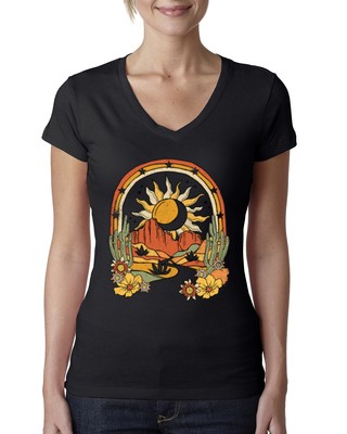 Adventure Sun With Cacti In the Desert With Flowers Women Junior Fit VNeck Tee