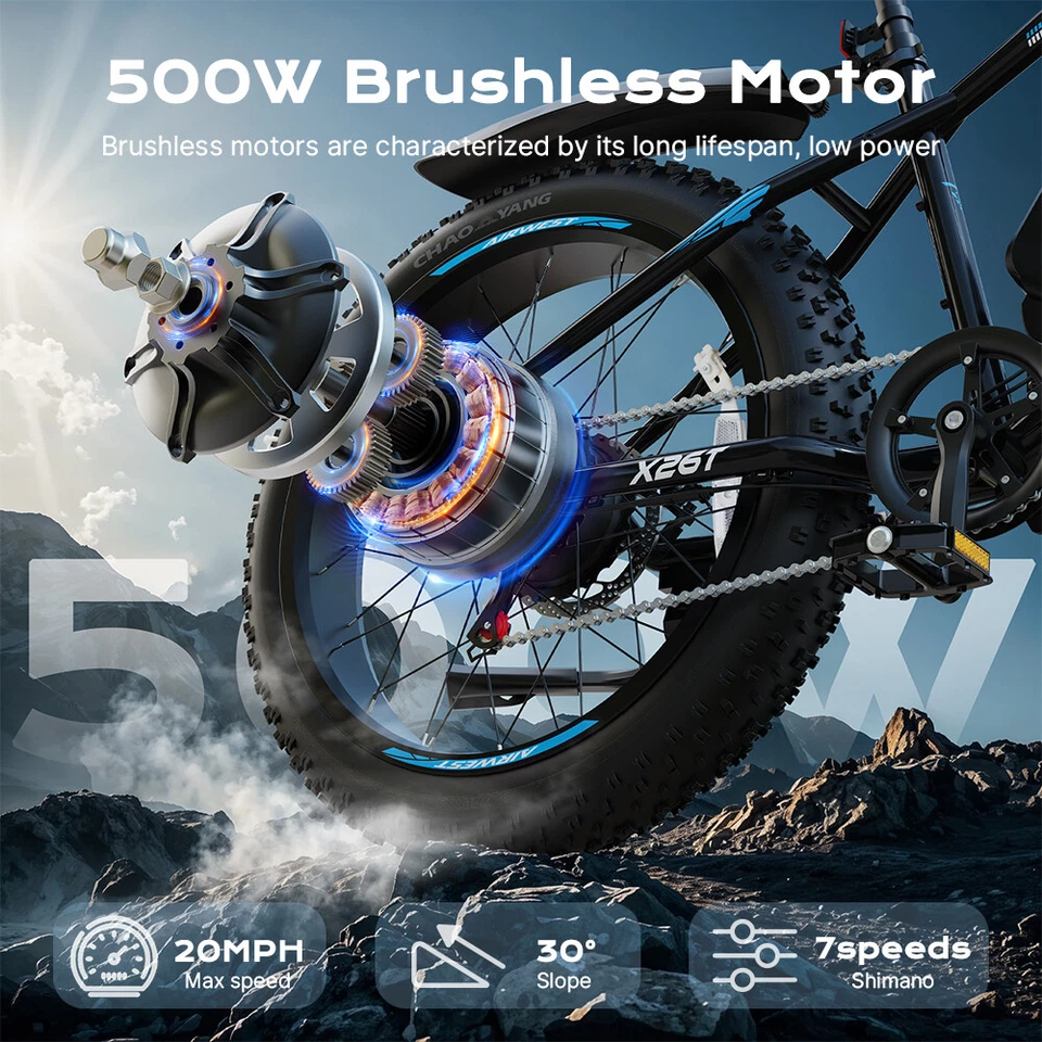 Neumático grueso 26", 48 V 25 MPH 60 millas de alcance, suspensión delantera de 7 velocidades - bicicleta eléctrica de montaña Foto 3 de 4