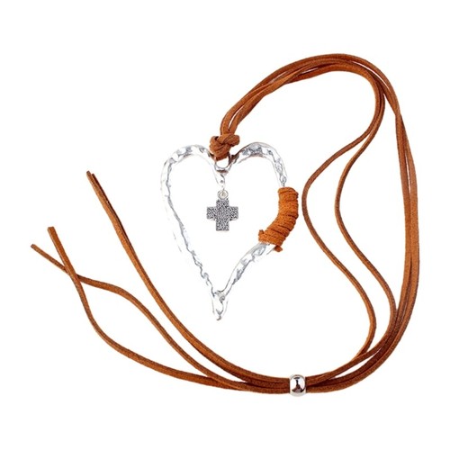 Big Silver Color Cross Heart Pendant Long Leather Necklace Women Statement - Picture 10 of 10