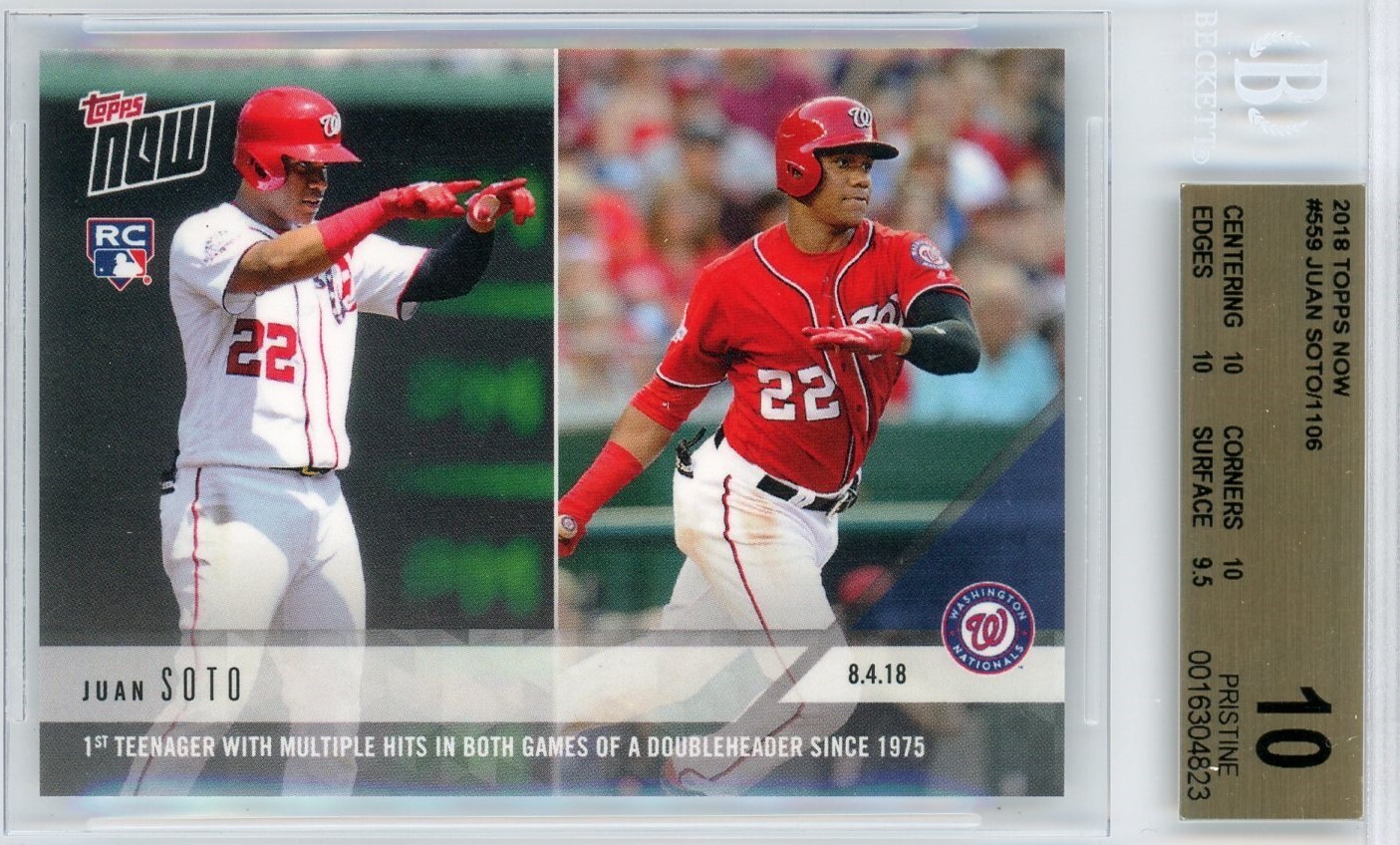 2018 TOPPS NOW MLB #559 - JUAN SOTO ROOKIE - BGS PRISTINE 10 TOUGH GRADE!