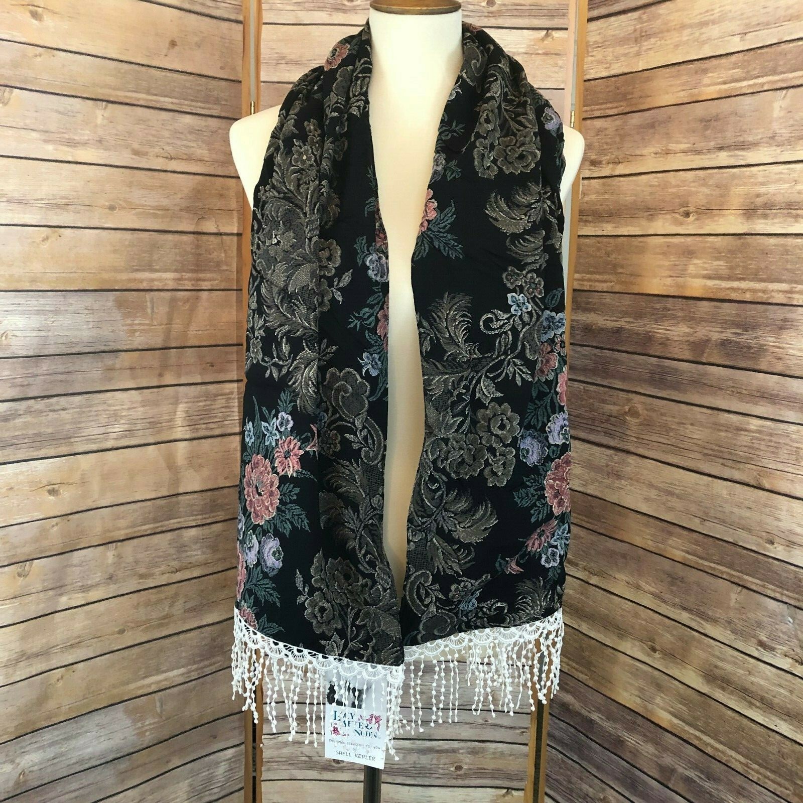 Vintage Lacy Afternoon Shell Kepler Black Floral Tapestry Shawl Lace ...