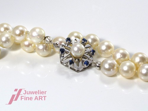 Collana di Perle Akoya - 585/14K Weißgoldschließe -1 Zaffiro + 1 Circa 62 CM - Foto 4 di 4