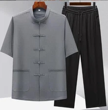 2PC Set Mens Summer Short Sleeve Chinese Tops Straight-leg Pants Fashion Vintage