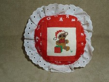 HANDMADE NEEDLEPOINT TEDDY BEAR SANTA FABRIC 4.5  PILLOW ORNAMENT UNBRANDED