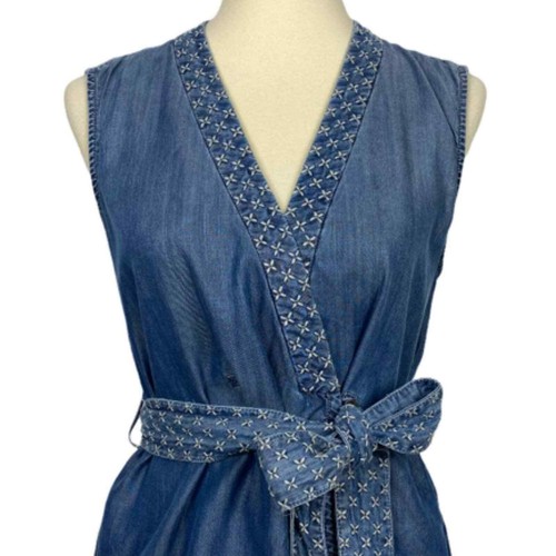 Holding Horses Shirt Women SP Blue Chambray Embroidered Belted Wrap Sleeveless - Picture 3 of 12