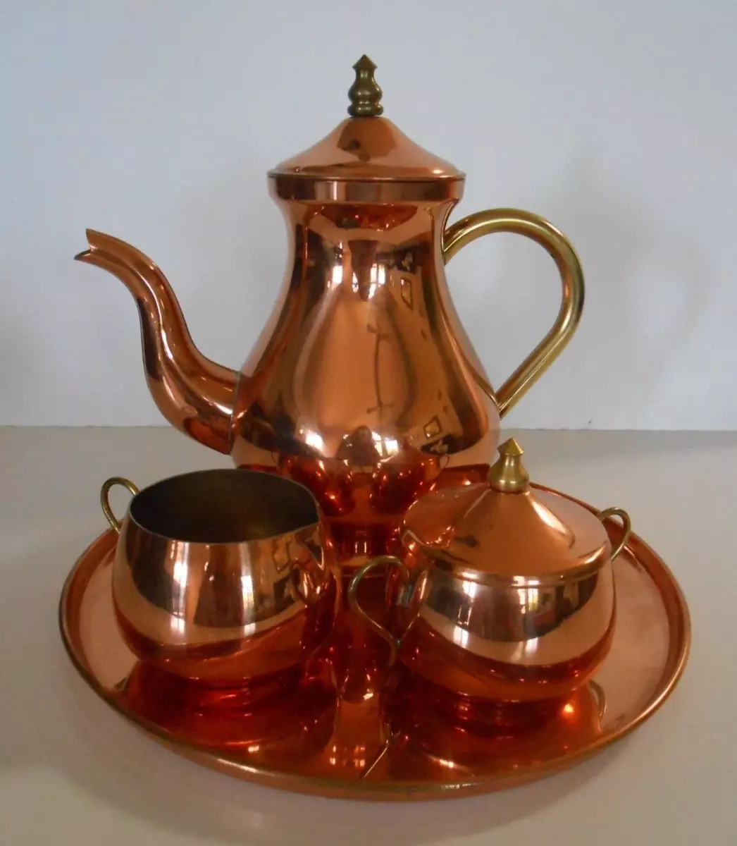 Antique Copper Coffee Pot Set with Brass Bands Mission Era, Matching Milk  Pitcher Sugar Bowl