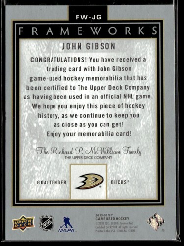 2019-20 SP Game Used Frameworks John Gibson #FW-JG - Bild 2 von 2