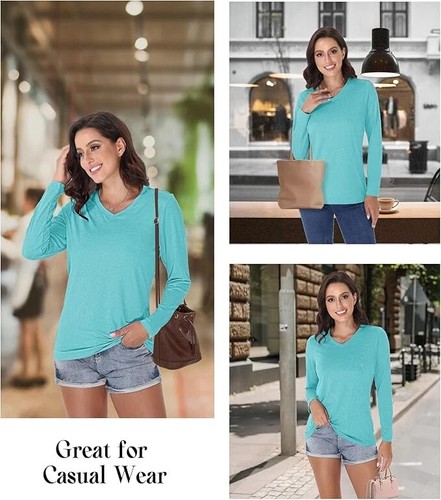 Women's Long Sleeve UPF 50+ Quick Dry Workout Tee V-Neck - Picture 17 of 56