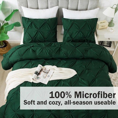 King Size Dark Emerald Green Pinch Pleat Comforter Set - Elegant 3-Piece Design - Picture 6 of 9