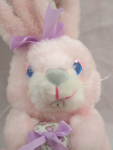 RARE 90s Pink Bunny Easter Plush - Holding Egg Floral Accents Purple Bows Teeth - Picture 2 of 15