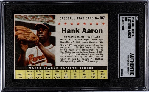 1961 Post Cereal #107 Hank Aaron SGC Authentic (Hand Cut) Milwaukee Braves