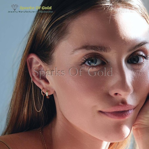 Diamond Double Huggie Chain Earring 14K Yellow Gold Minimalist Jewelry Gifts - Picture 2 of 5