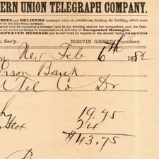 Scarce Vintage 1882 Western Union Telegraph Carson Bank Telegraph Jan Statement