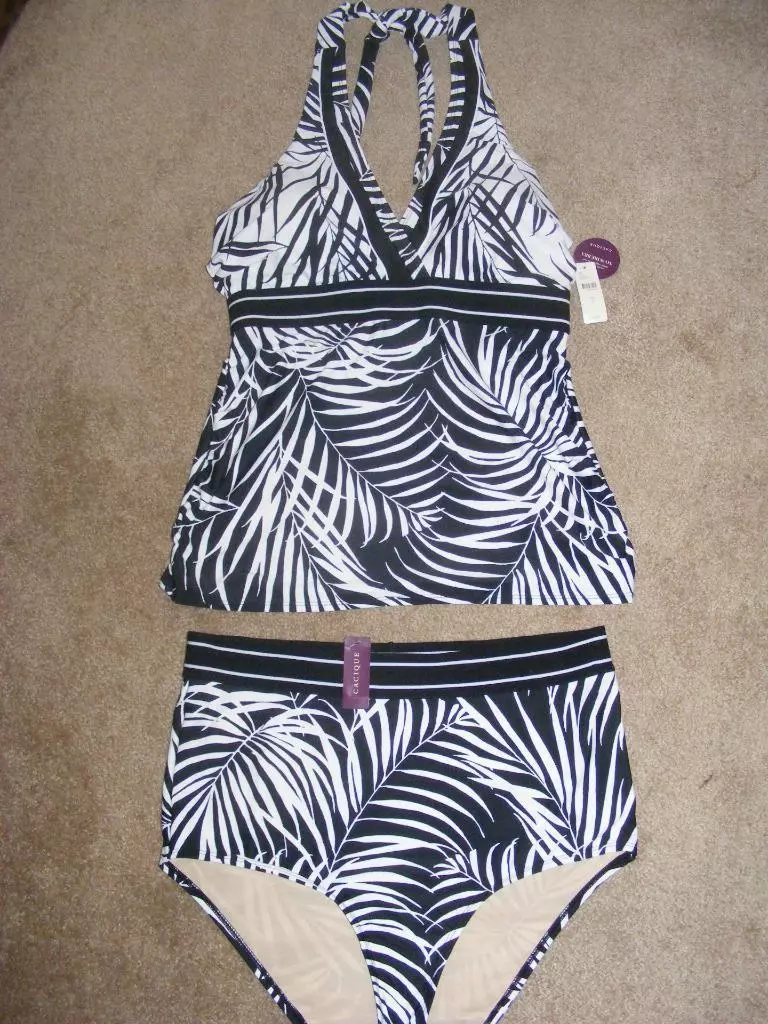 New CACIQUE Black & white palms Tankini swimsuit 14 no-wire bra