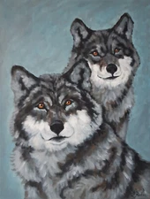 Wolf Love Painting Animal Original Art Wildlife Couple Wolves Artwork 12 by 16in