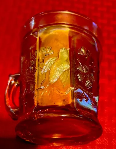 Northwood Singing Birds Marigold Carnival Glass Mug Handled Cup