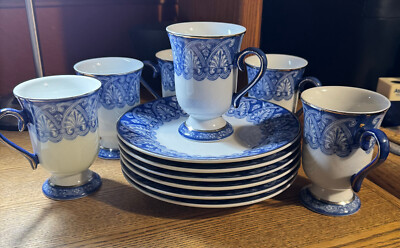 Bombay Company Arabesque Tile Pattern Blue/White Mugs and Saucers Set of 6