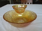 3 Piece Vintage Indiana Carnival Amber Glass Basket Weave Chip and Dip Bowl Set