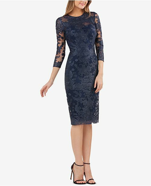 JS Collections Women's Lace Embroidered Sheath Dress - Navy - Size 8