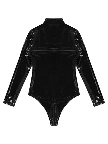 UK Womens Bodysuit PVC Leather Longsleeve Zipper Crotch Bodycon Leotard Clubwear - Picture 13 of 30